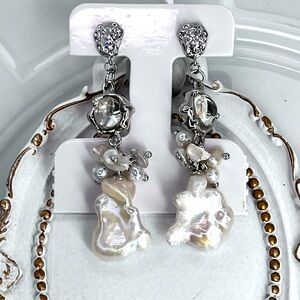 Handmade Freshwater Pearl Clear Quartz Dangle Earrings S925 SS Posts